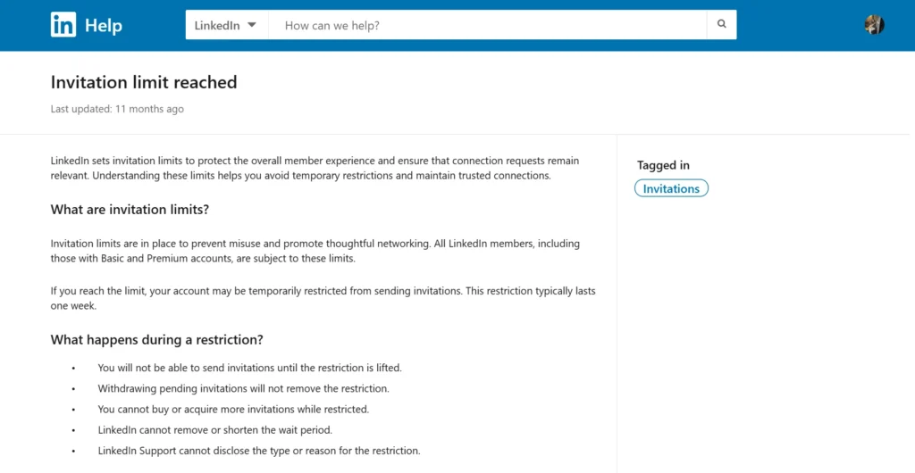 LinkedIn invitation limit help page