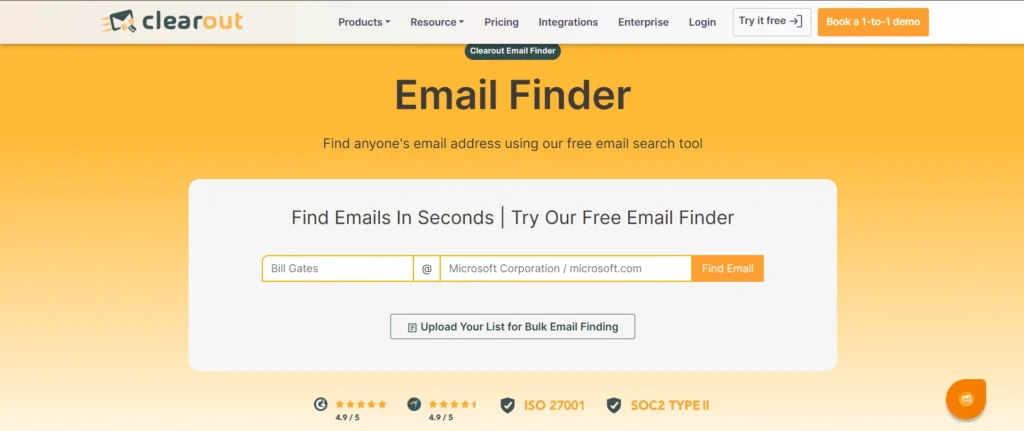 Clearout Email Finder interface, showing input fields for a name and company domain.