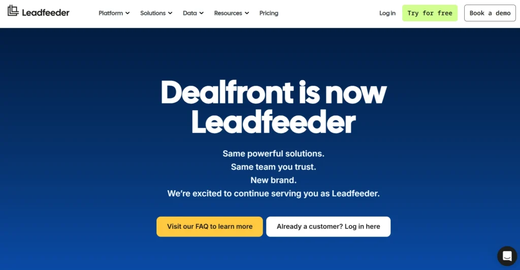 Screenshot of Dealfront home page.