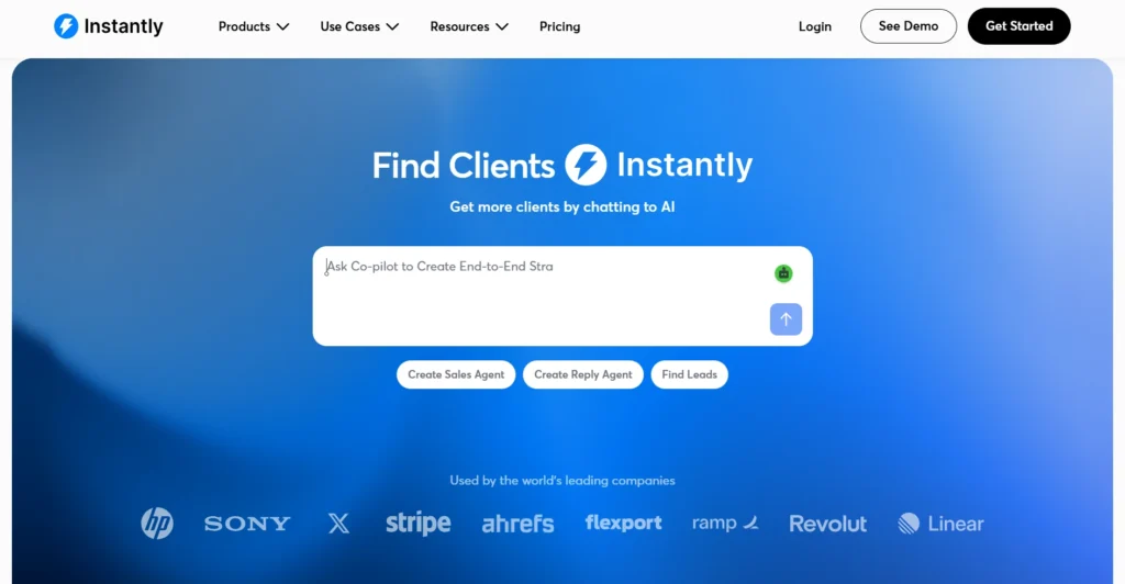 Screenshot of Instantly home page.