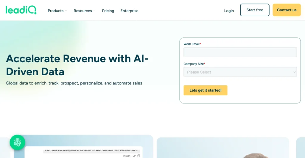 Screenshot of LeadIQ landing page