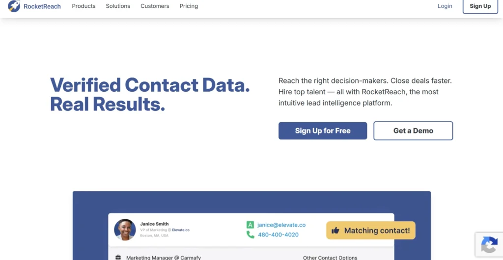 Screenshot of RocketReach home page.