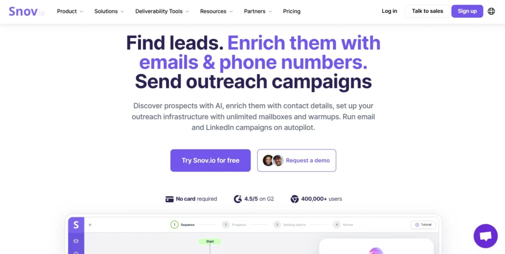 Screenshot of Snov landing page