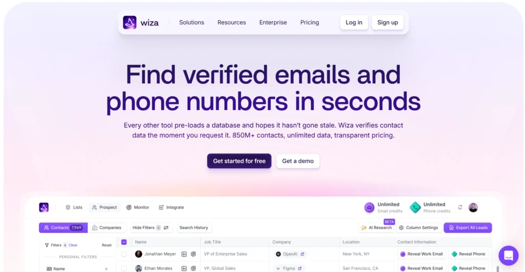 Screenshot of WIZA home page.