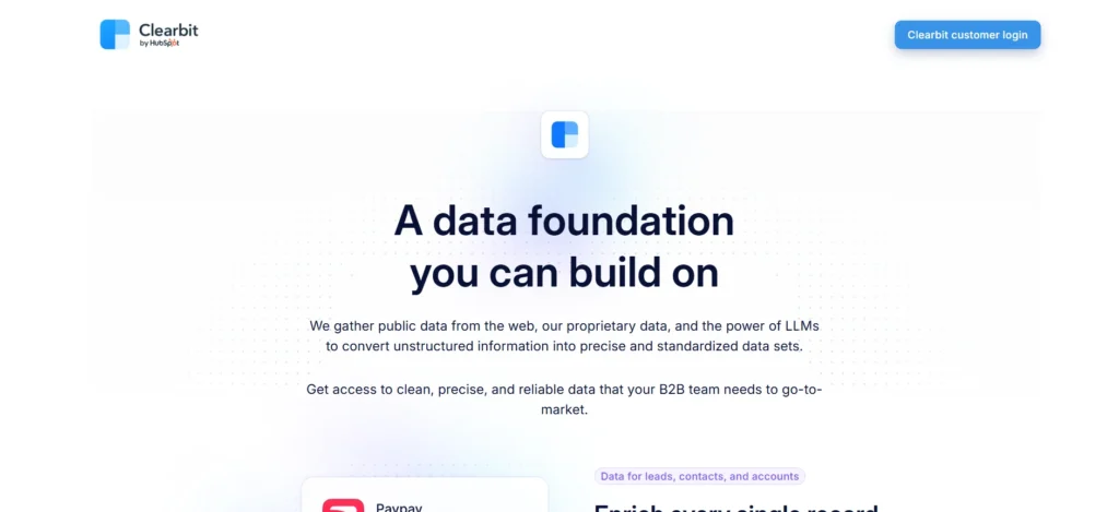 Screenshot of Clearbit landing page
