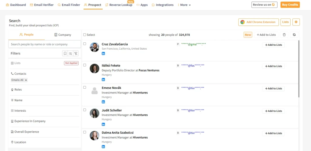 Clearout prospect search dashboard showing contacts and email data.