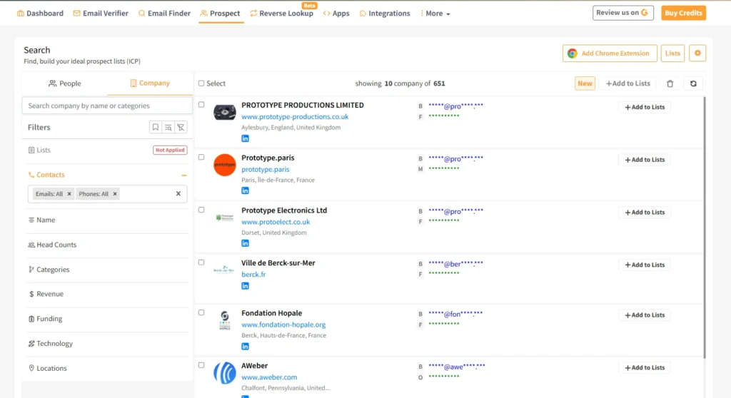 Clearout prospect dashboard showing company search results and contact details.