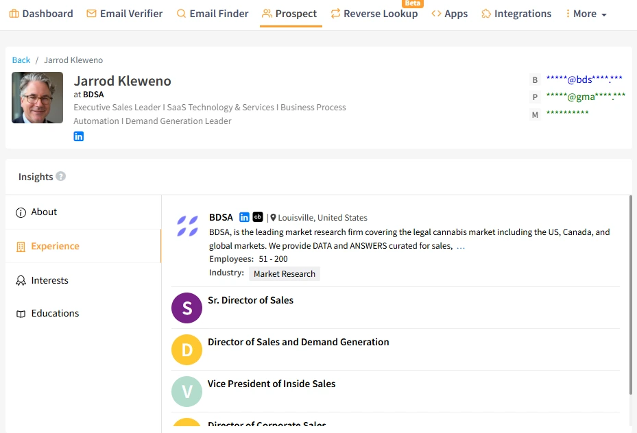 Profile page showing Jarrod Kleweno’s work experience and contact details.