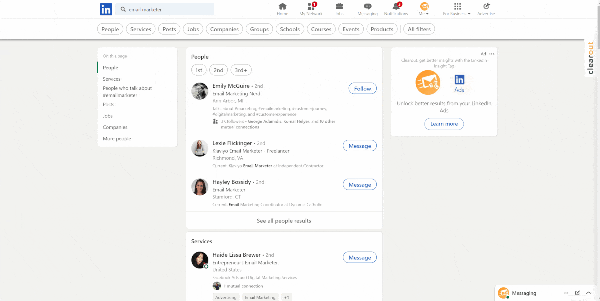 GIF showing LinkedIn search results for “email marketer.”