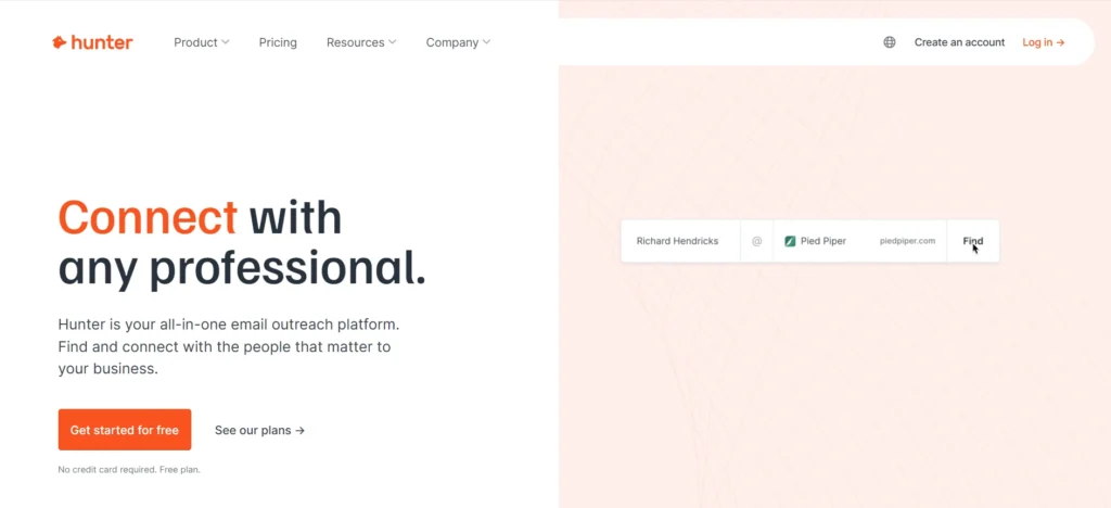 Screenshot of Hunter landing page
