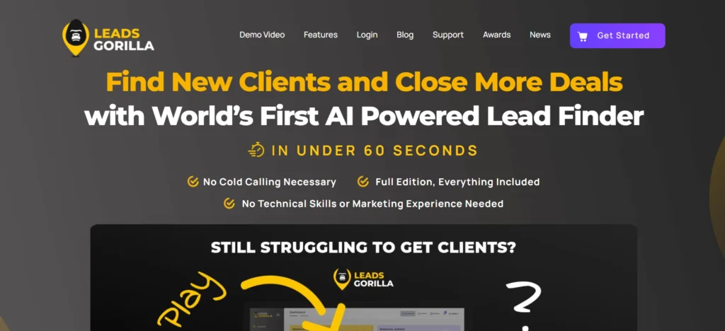 Screenshot of Leadsgorilla home page.