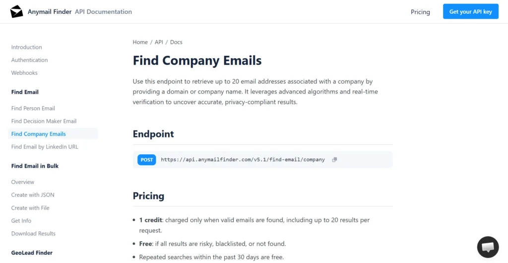 AnyMail Finder API documentation for finding company emails.