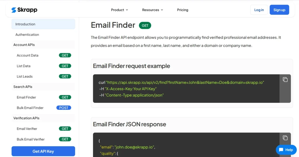 Skrapp Email Finder API documentation.