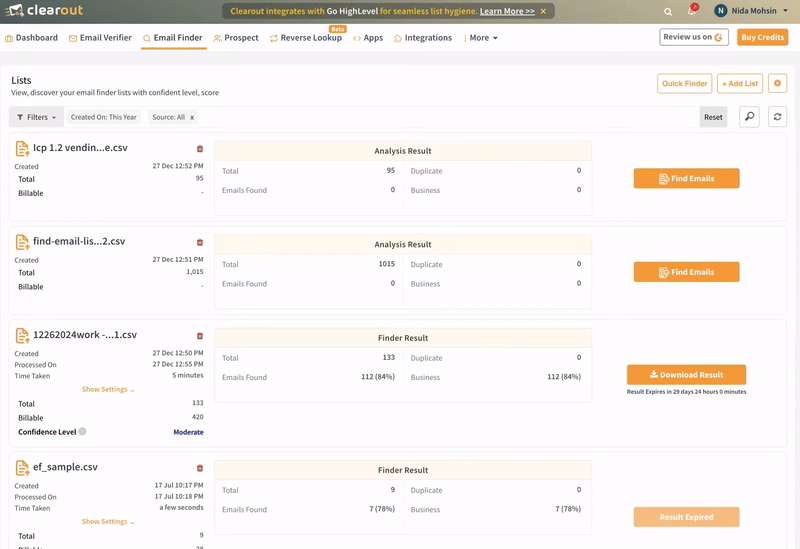 GIF of Clearout’s Bulk Email Finder.