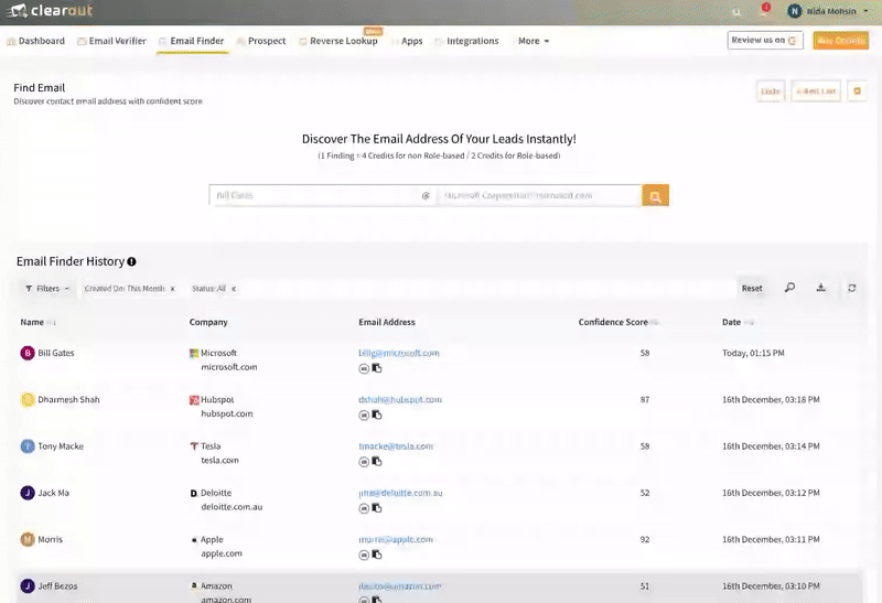 GIF of Clearout’s Instant Email Finder.