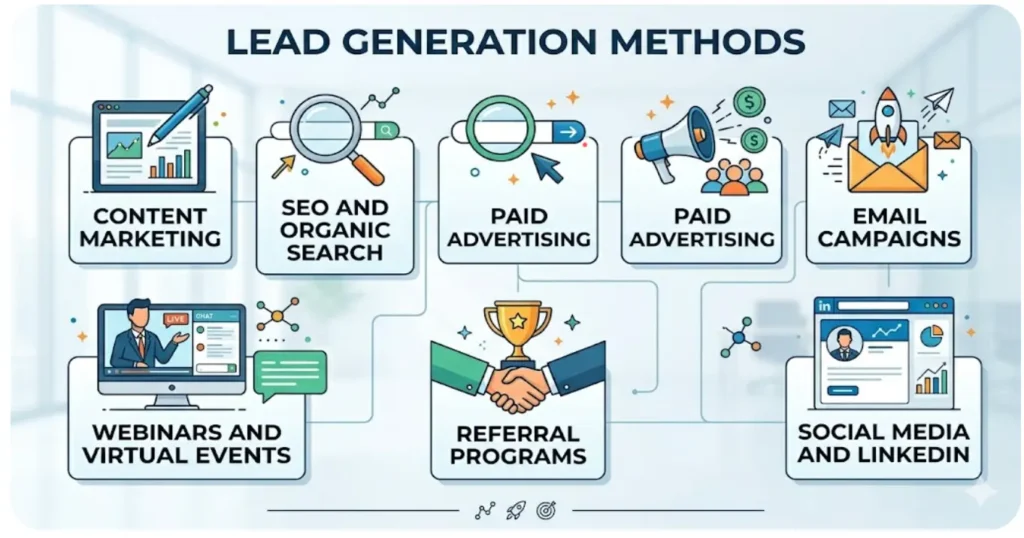 A detailed infographic visualising 7 key business lead generation methods.