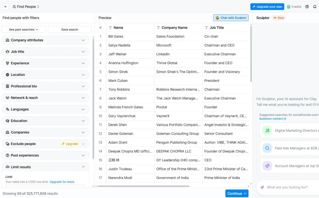 An image showing Clay dashboard with a large database.