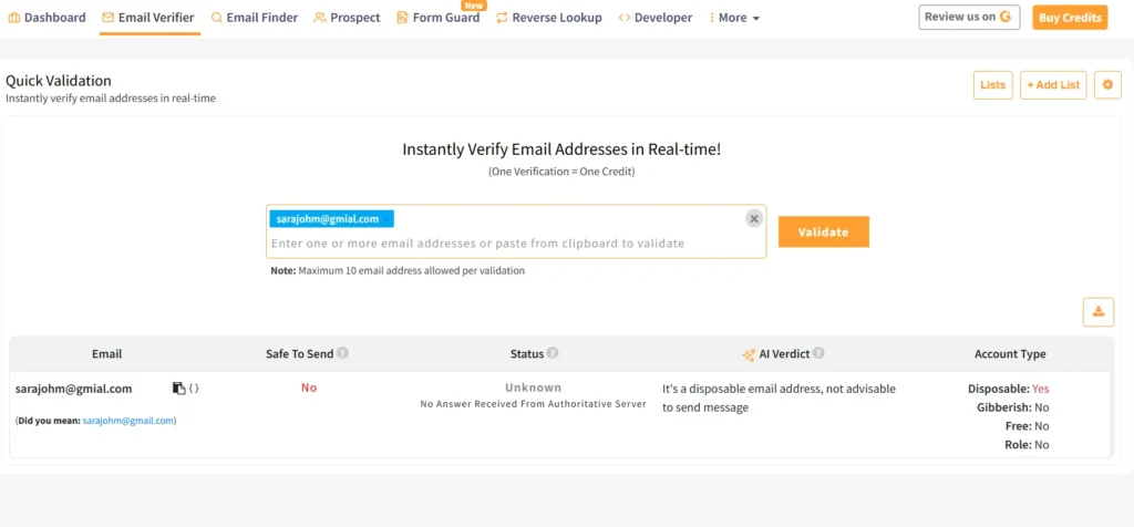 An image of the Clearout email verifier dashboard.