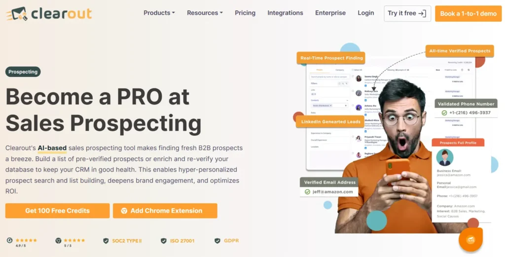 Screenshot of Clearout’s Sales Prospecting Page.