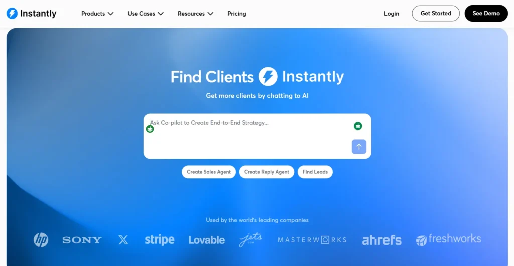 Screenshot of Instantly Home page.