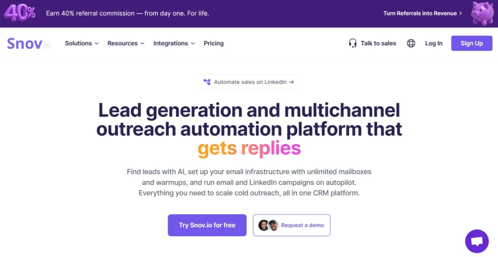 Screenshot of Snov.io home page.