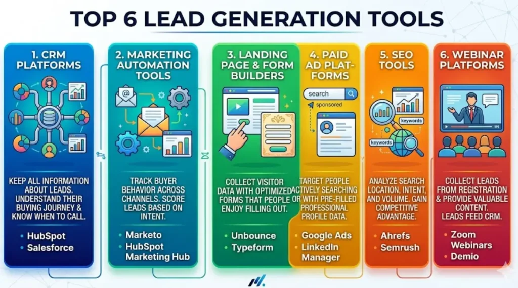 Infographic of Top 6 Lead Generation Tools across 6 categories.