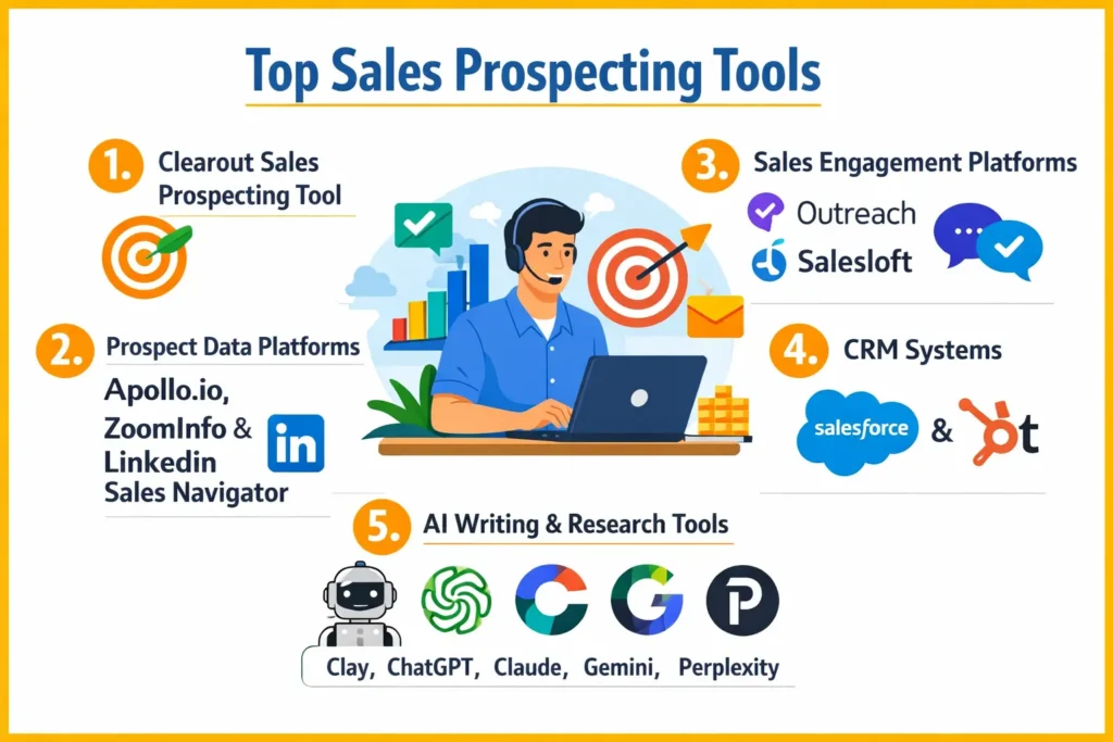  Infographic of Top Sales Prospecting Tools across five categories
