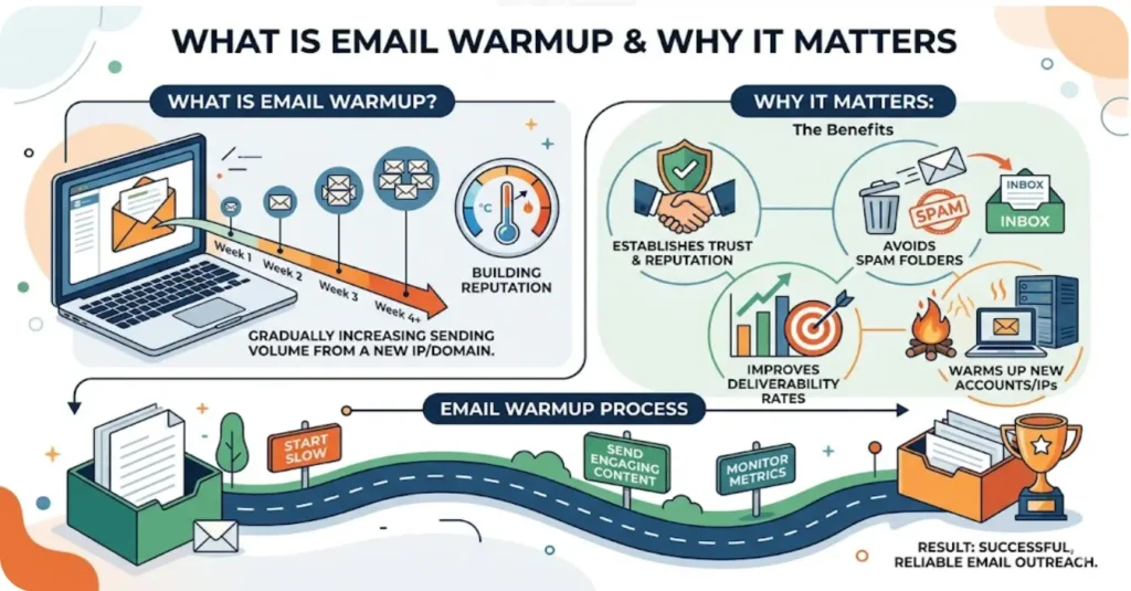 An infographic titled what is email warmup & why it matters.