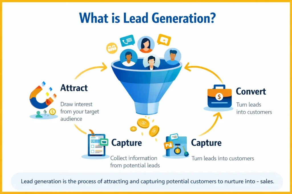 Lead generation marketing funnel infographic.
