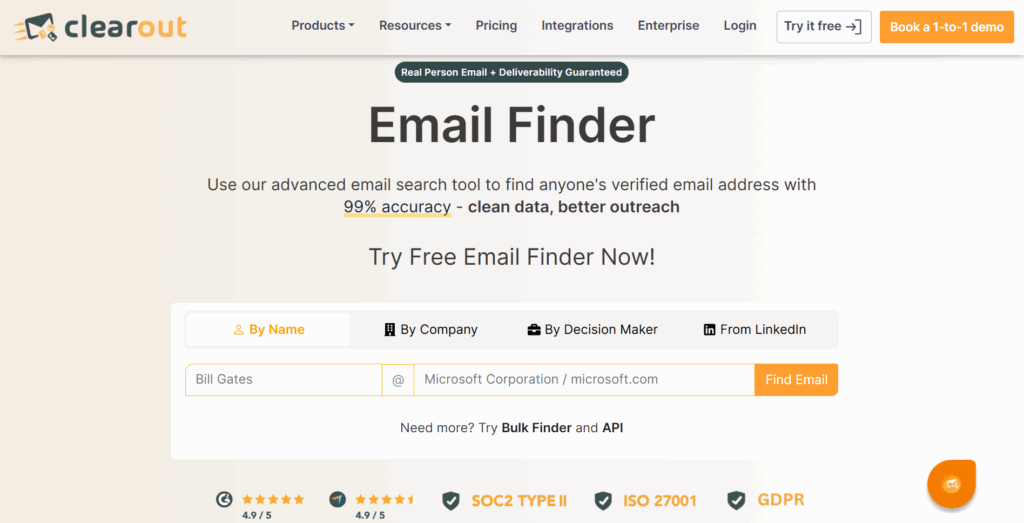 Screenshot Of Clearout Email Finder Page.
