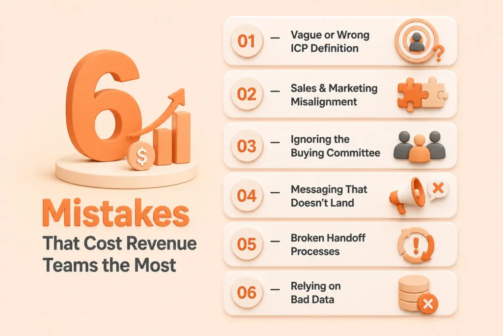 An image showing 6 GTM mistakes that cost revenues.