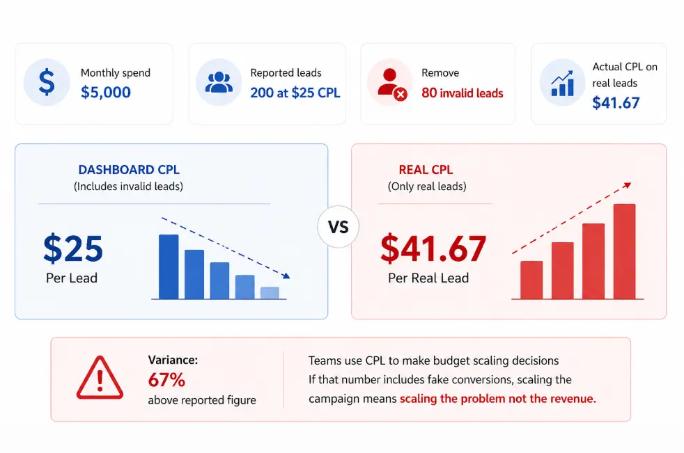 Graphic comparing reported CPL & real CPL with a 67% cost difference.
