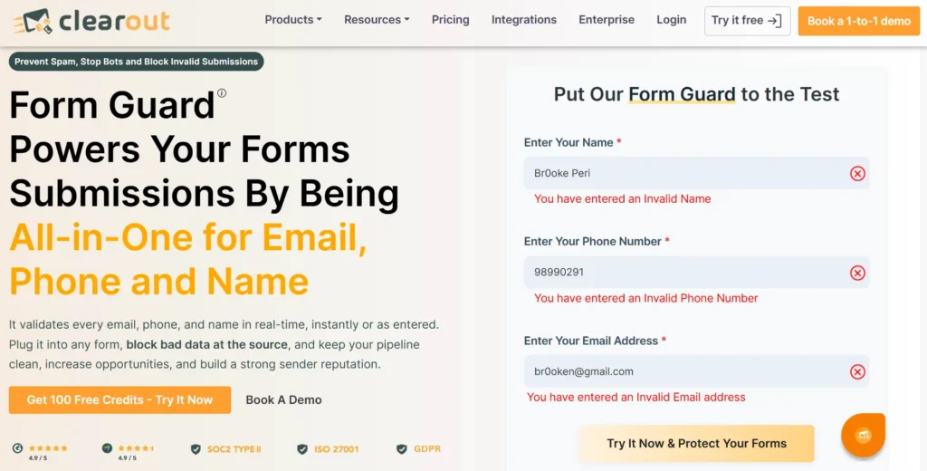 Screenshot of Clearout Form Guard blocking invalid form entries.