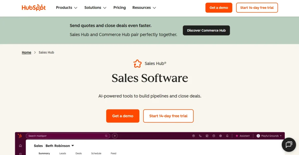 Screenshot of HubSpot Sales Hub home page.