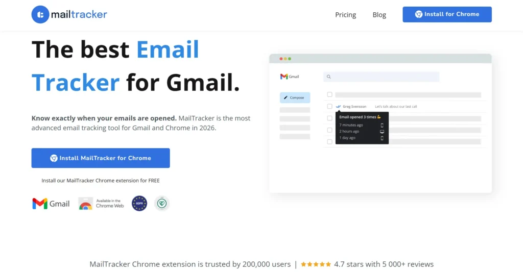 Screenshot of Mailtracker home page.
