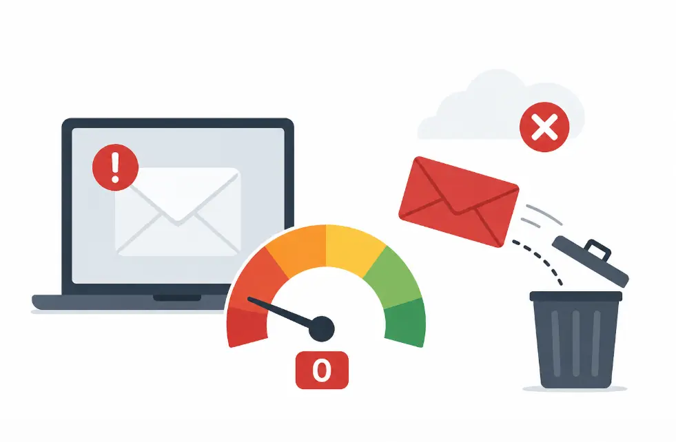 Low email confidence score with warning icons and rejected emails illustration.