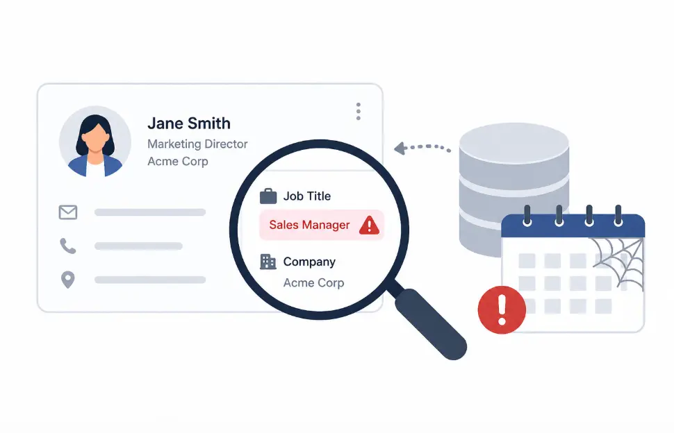 Contact record review showing outdated job title and stale data warning.