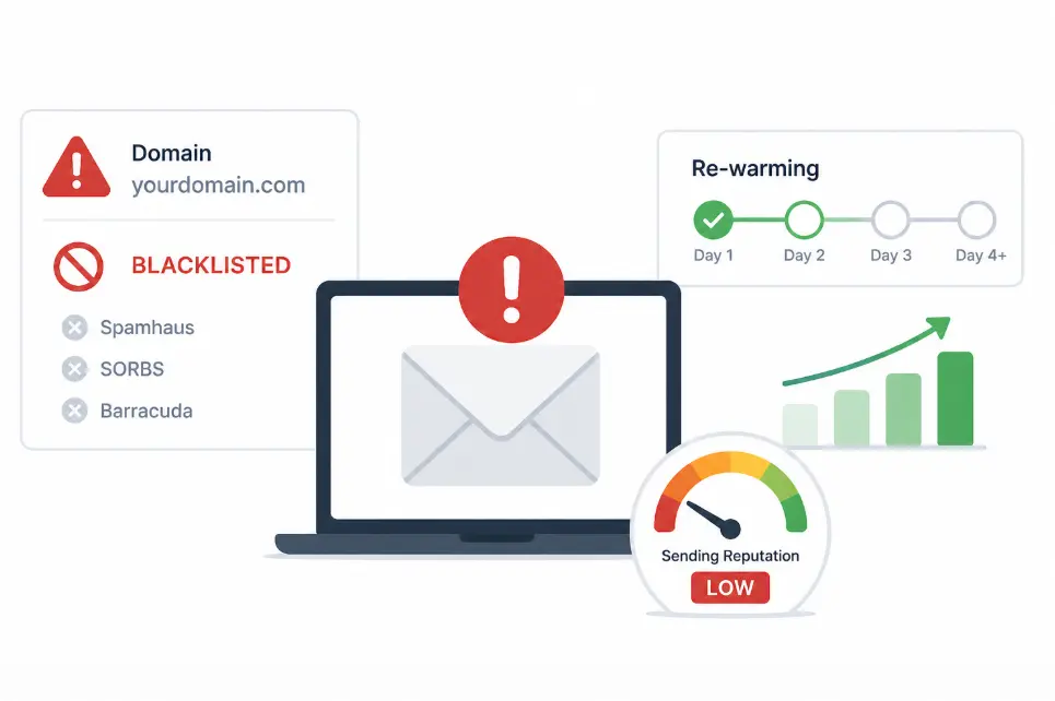 An image showing a blacklisted domain with low sender reputation warning.