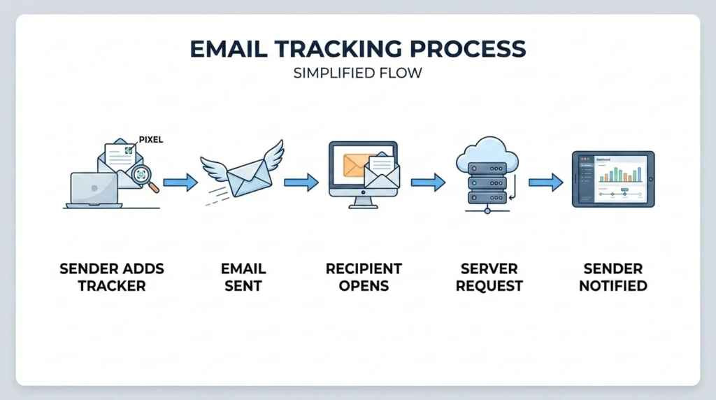 An infographic showing how an email tracker works in 3 steps.