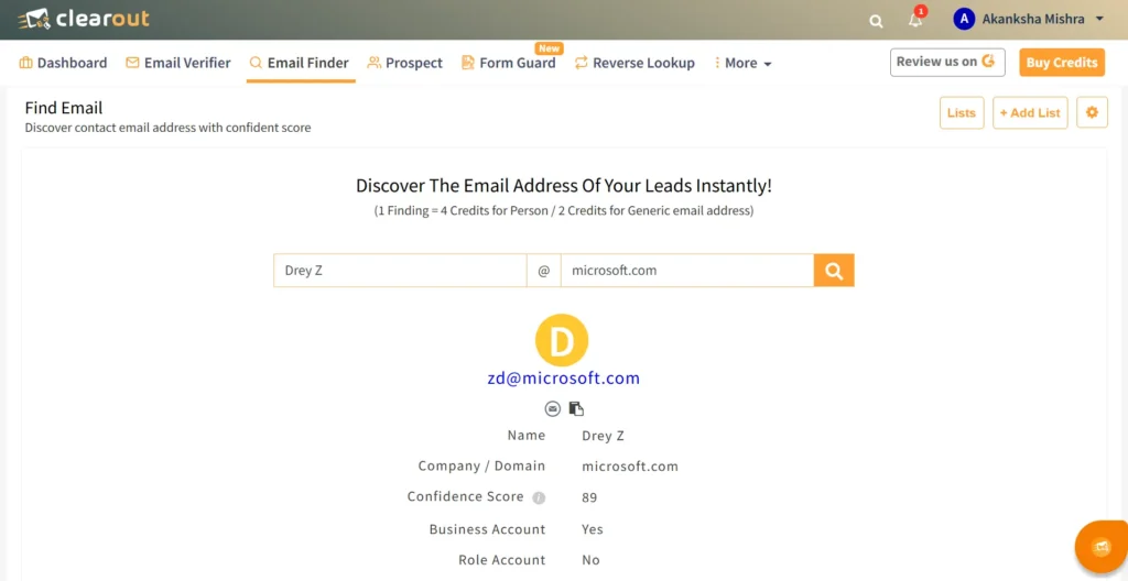 A screenshot of Clearout Email Finder showing results with a confidence score. 