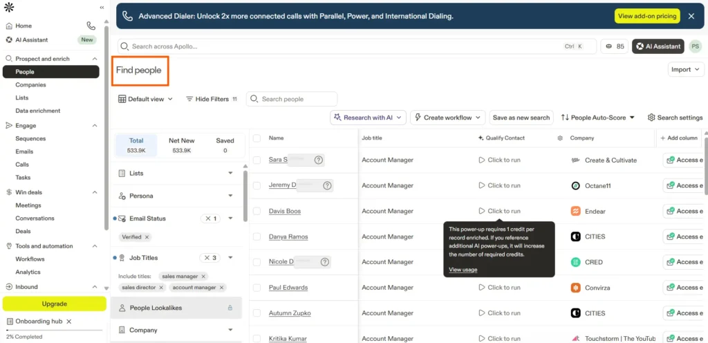 Apollo.io dashboard interface showing the prospecting platform's "Find people" search tool.