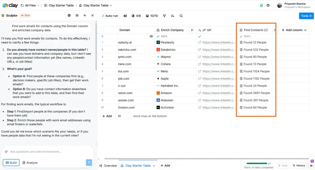Clay interface showing contacts found using company data.
