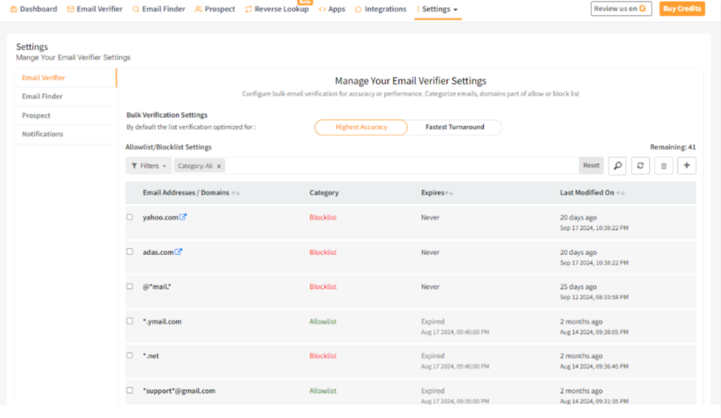Clearout dashboard screenshot displaying the email verifier settings page.