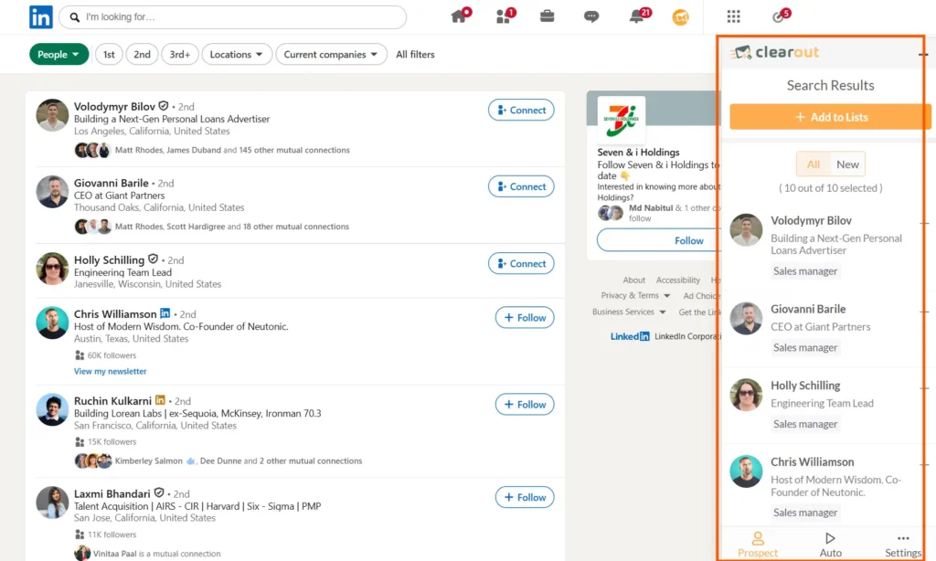 Clearout LinkedIn Chrome Extension showing bulk data extraction from a search results page.