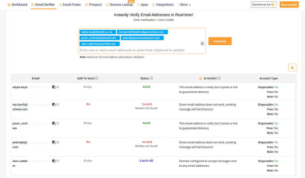 Clearout dashboard screenshot displaying instant email verification results.