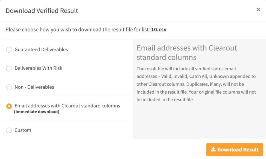 Clearout Download Verified Result options.