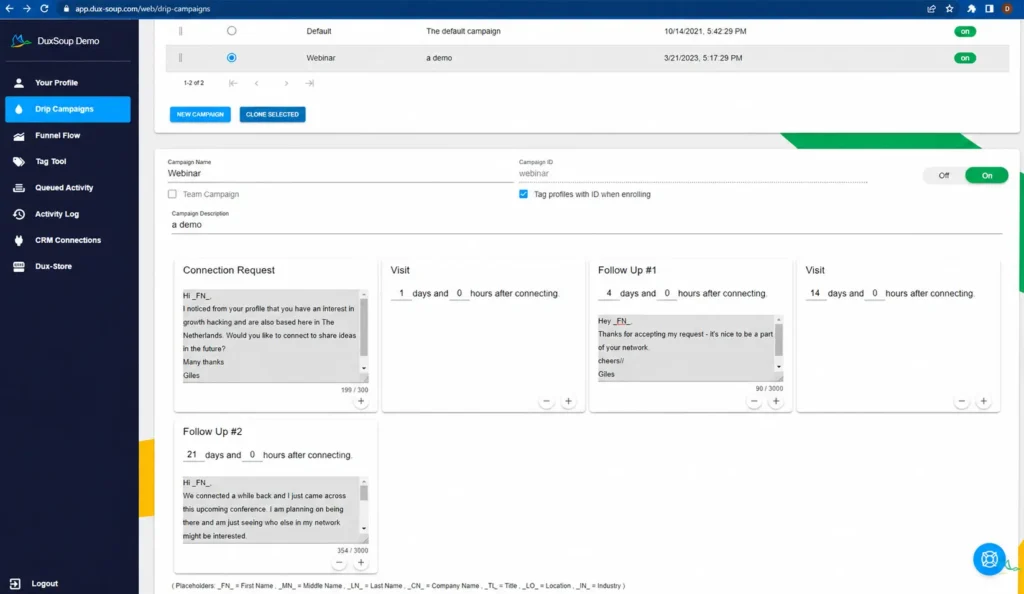 LinkedIn drip campaign workflow dashboard showing automated follow-up sequence builder.