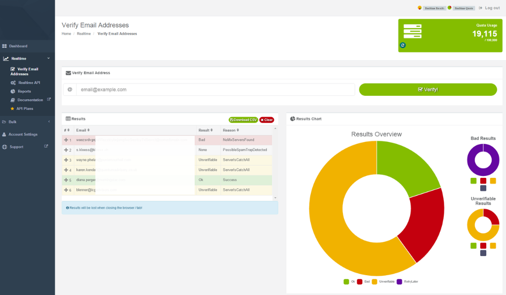 Email Hippo dashboard showing a "Verify Email Addresses"
