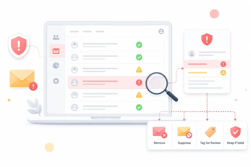 Risky email address review and handling illustration.
