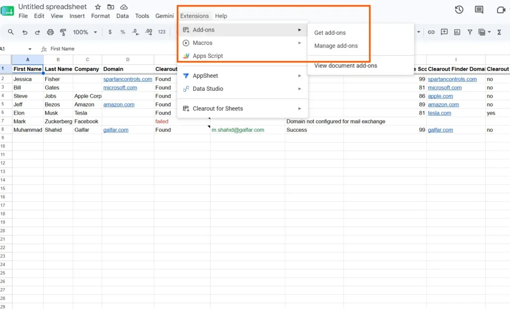 Google Sheets Extensions menu showing Add-ons.